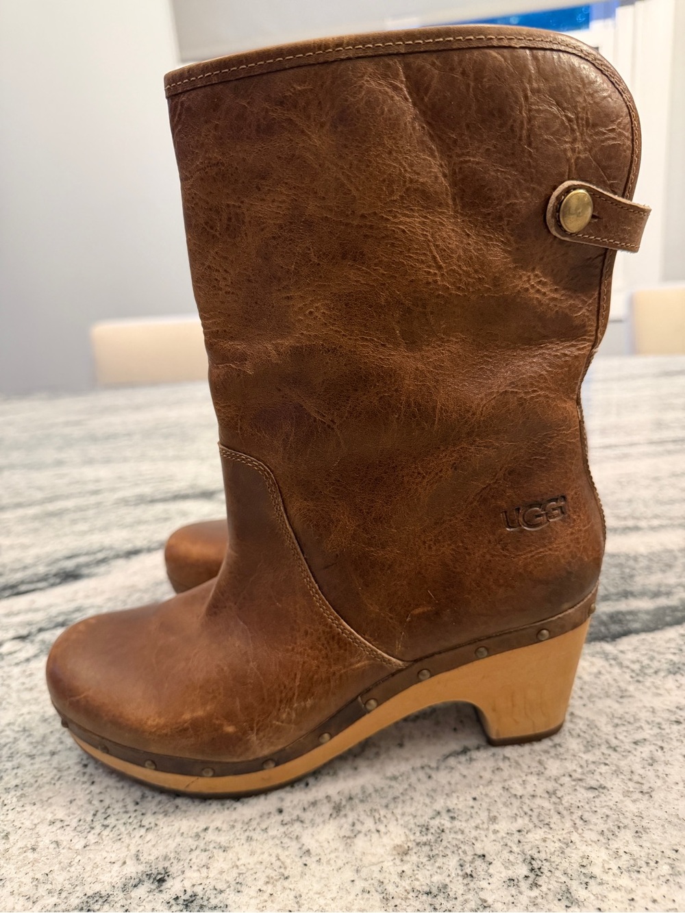 UGG Brown Leather Mid-Calf Clog Heel Boots